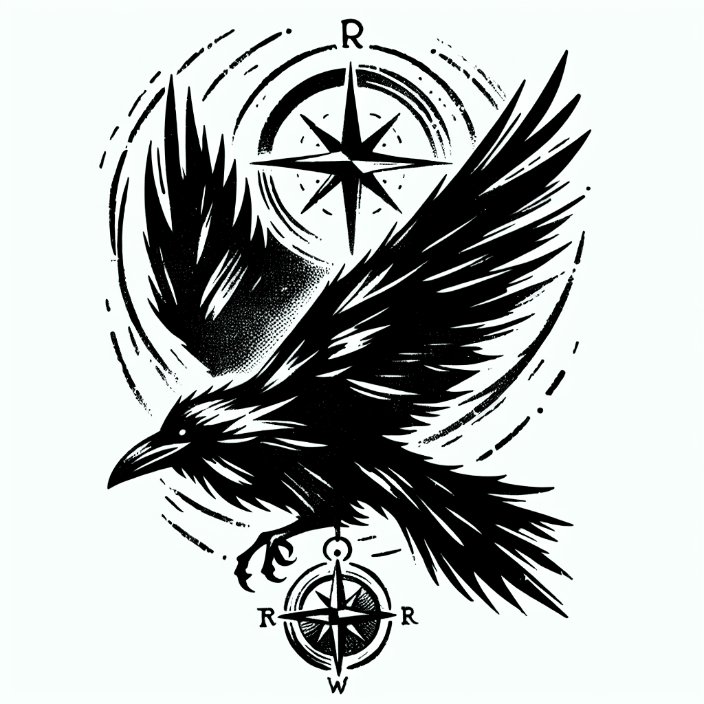 A Centered Flying Raven With A Compass Above It.