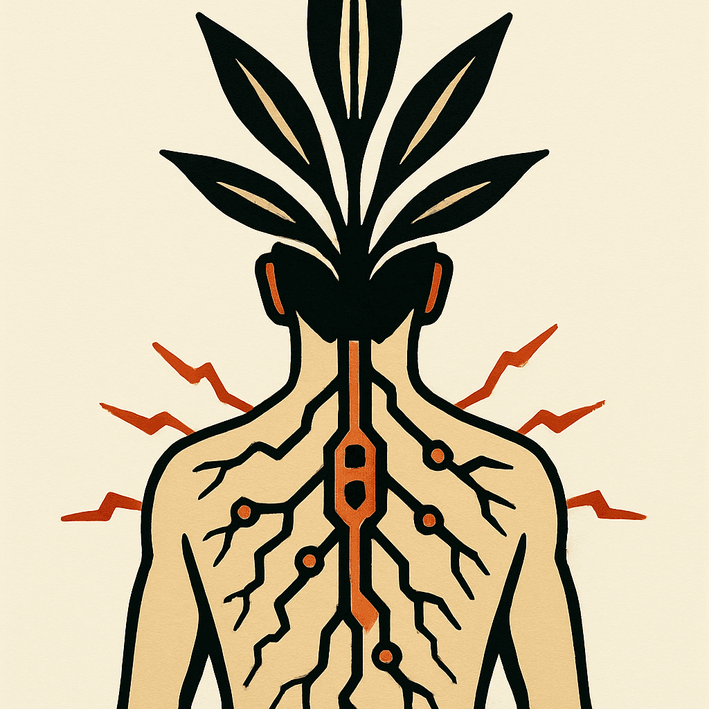 Back Tattoo With Organic Circuitry And Lightning Lines Growing From The Spine. At The Neck Transforms Into Long Bladed Leaves
