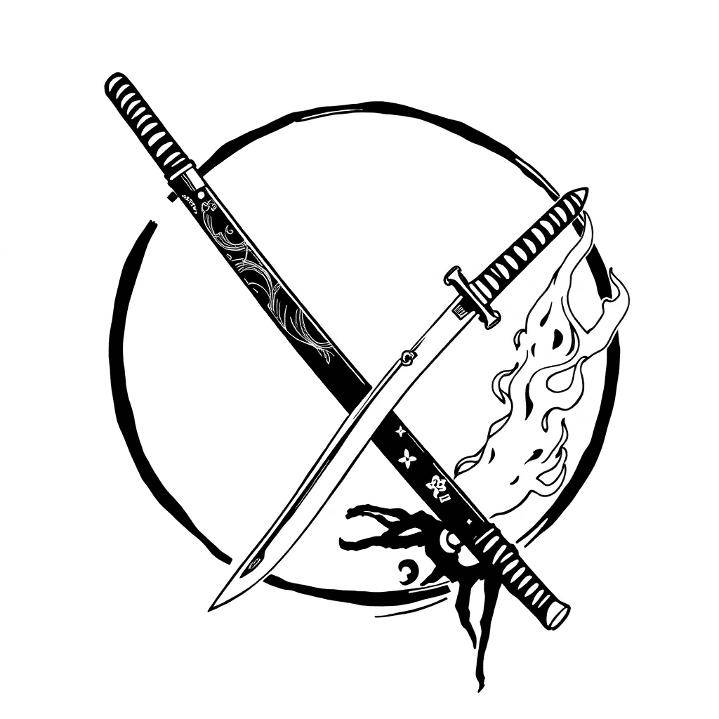 Tattoo Of A Katana Placed In An Incomplete Enzo And A Fire Element In That Enzo. Isometric