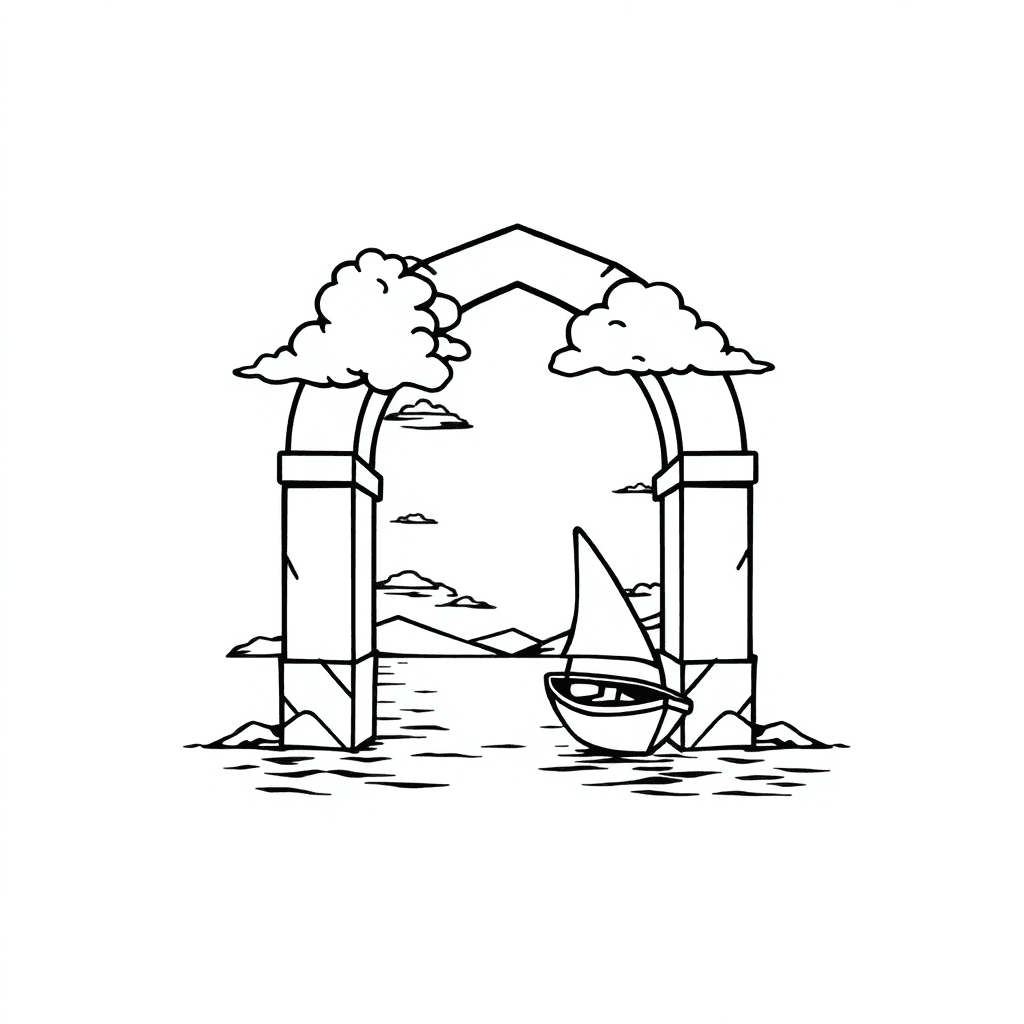Create A Black And White Line Art Version Of The Image, Emphasizing The Archway, Clouds, And Boat Details.