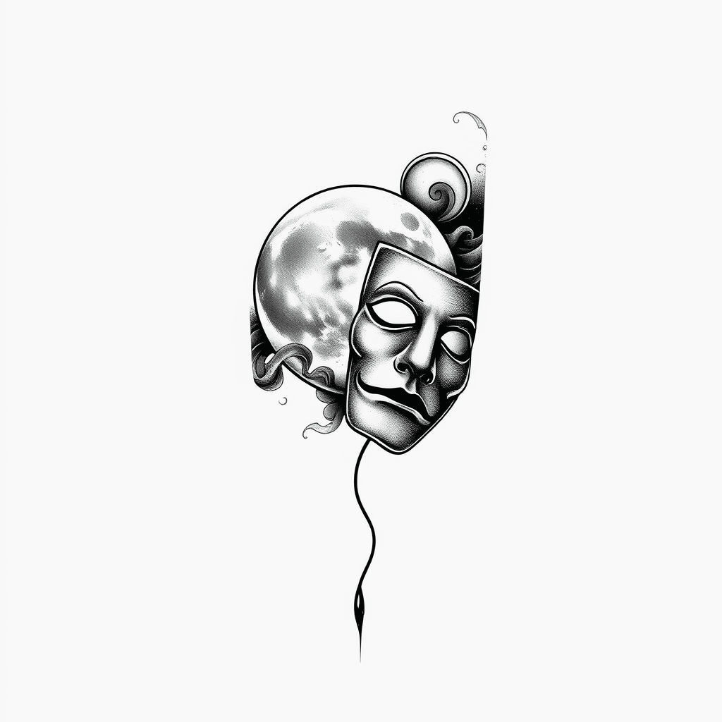 Forearm Tattoo Of A Full Moon And A Theater Mask With Smoke And Fog