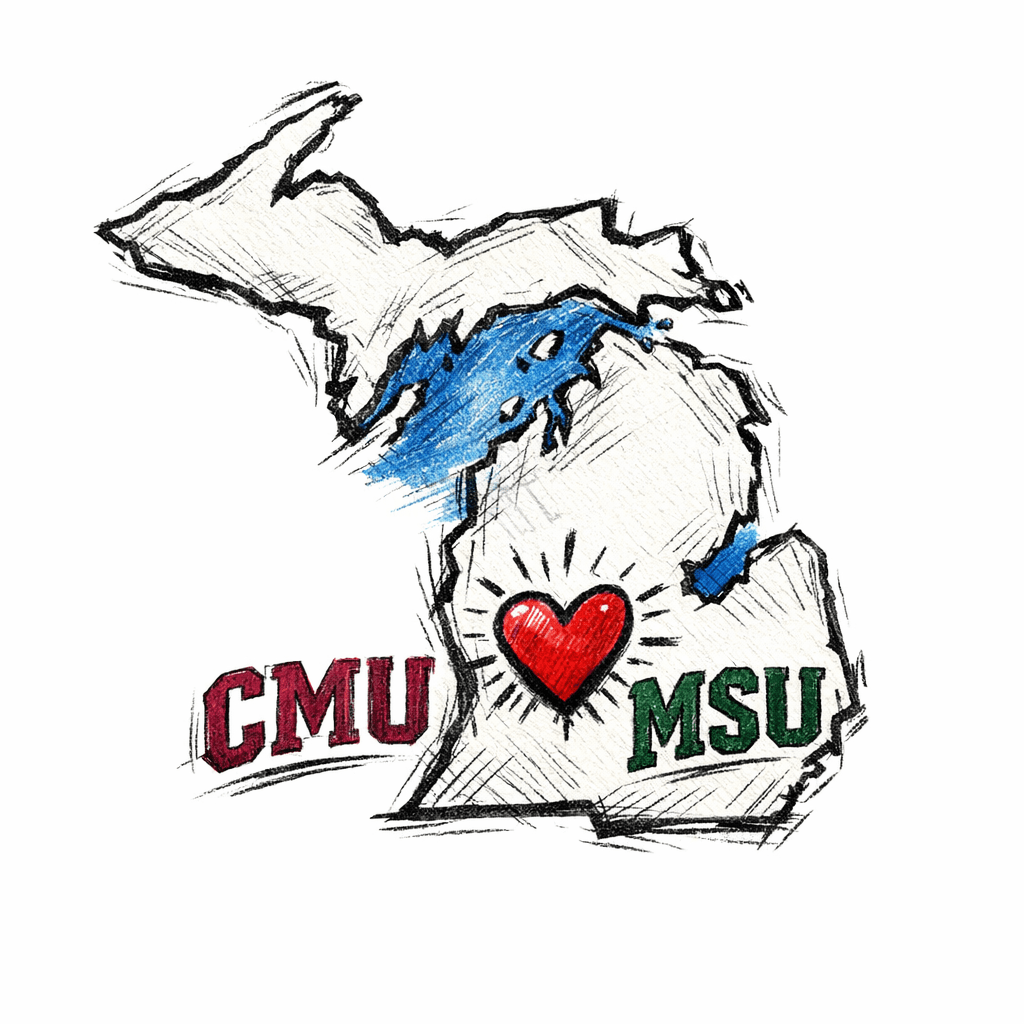 Create A Tattoo With Michigan Outlined By The Great Lakes Filled In Blue; Include Cmu And Msu In Their Location, Put A Heart Over Sunfield