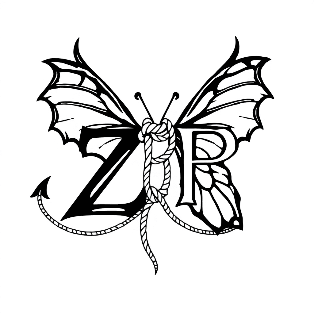 A Letter Z With Devil's Wings And A Letter P With Butterfly's Wings, Connected By A Rope Tie Style Ctrl In The Center