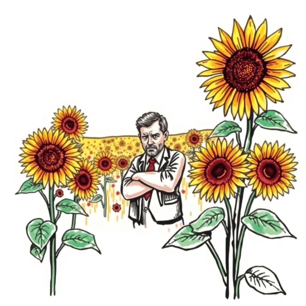 Image In The Style Of Vincent Van Gogh Depicting A Sunflower Field With A Stressed Out Teacher In The Middle