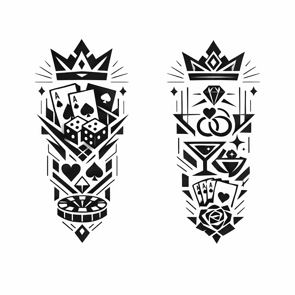 Minimal Fine-line Tattoo Design Inspired By Las Vegas Gambling And A Long-term Relationship Story. Two Matching Tattoos: One Represents A King, The Other A Queen, But Without Literal Faces. Use Abstra