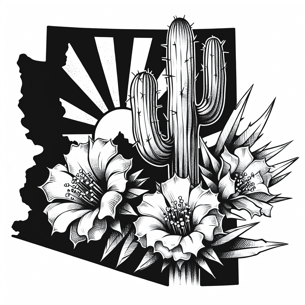 The State Of Arizona Outline With Cactus Flowering