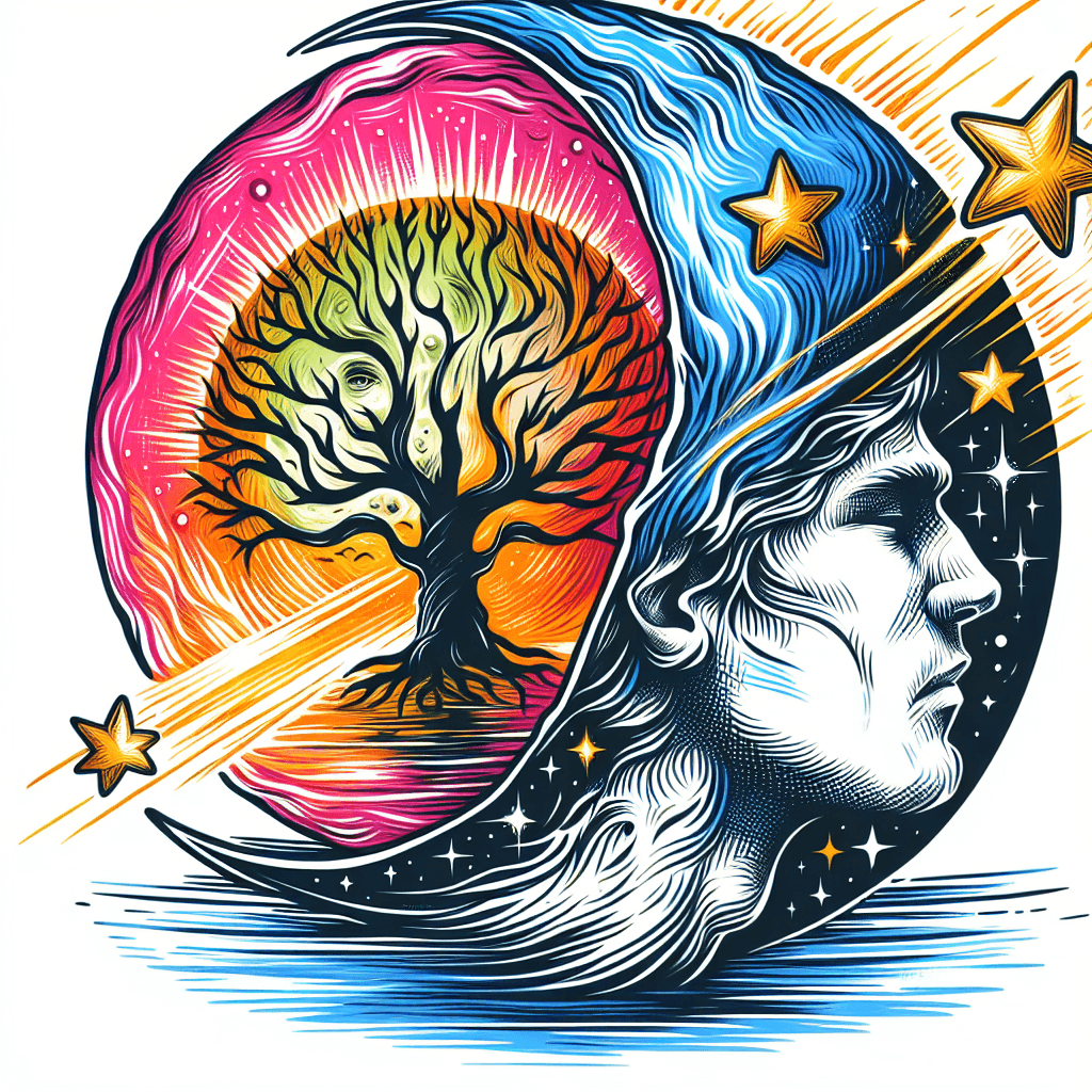 Large Tree Of Life Behind A Smaller Half Moon With A Man’s Face Incorporated Into The Moon, One Large Yellow Shooting Star Streaking Behind The Moon With Two Smaller Stars Incorporated Into