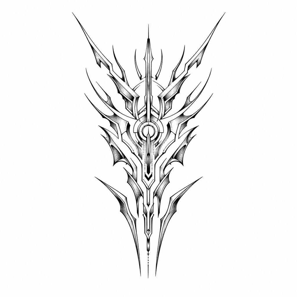 Cyber Tribal Sternum Tattoo With Sharp Abstract Spikes