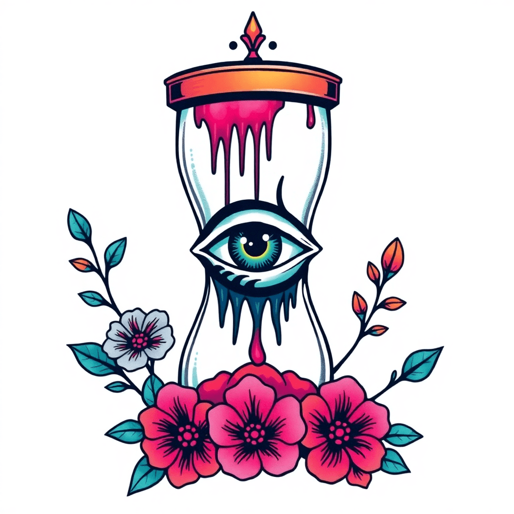 Traditional "Stencil of a trippy drippy all seeing eye inside of an hourglass with a warped vortex numerical code designs. Sticker style. Feminine floral lillie foliage" Tattoo Design