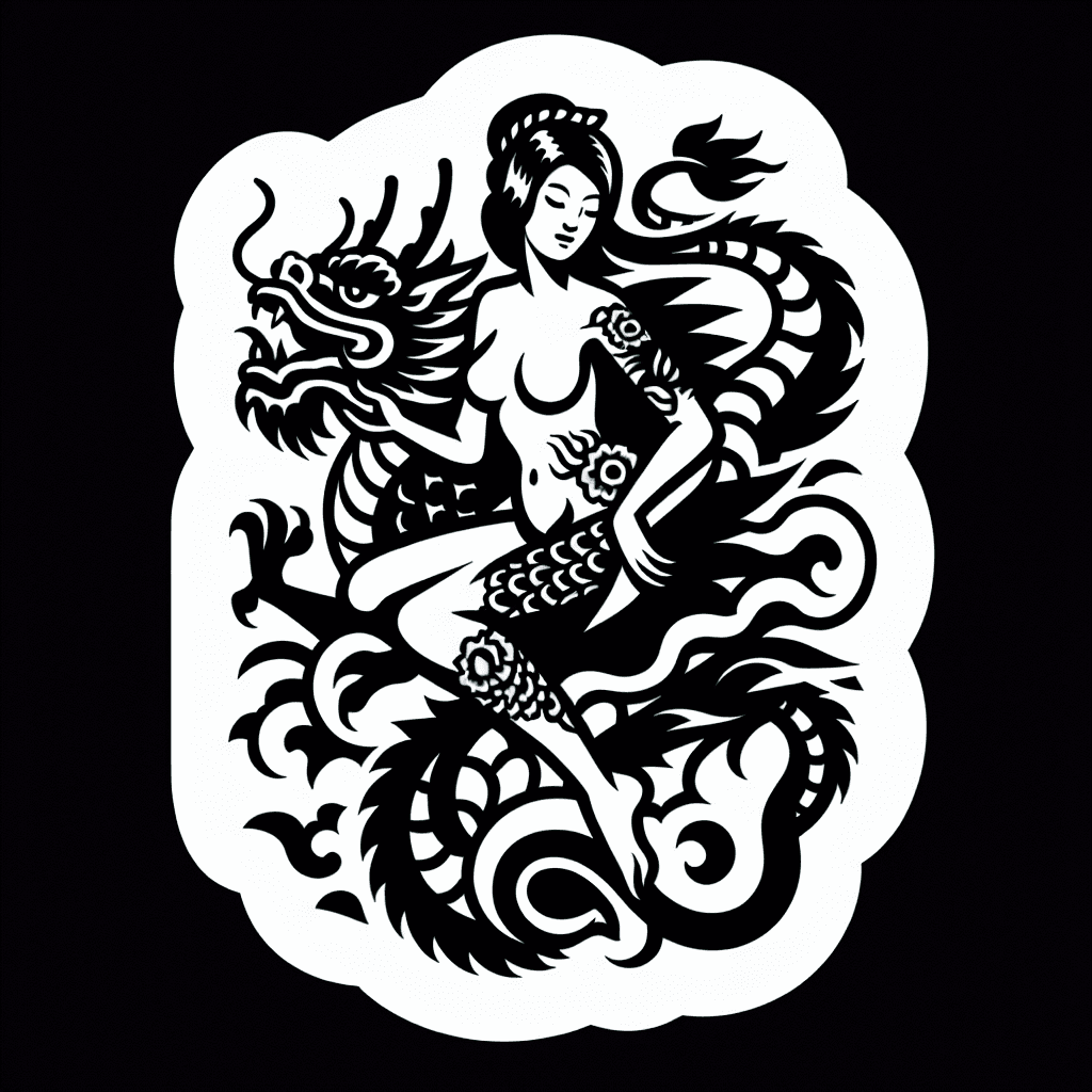 Traditional "a beautiful woman riding a dragon" Tattoo Design