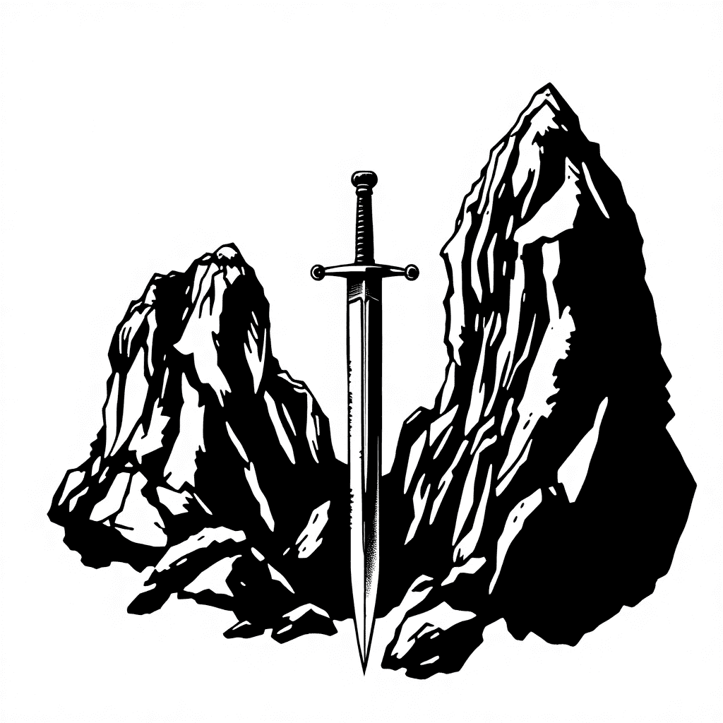 A Rocky Mountain With A Medieval Sword Vertically Piercing Through It.