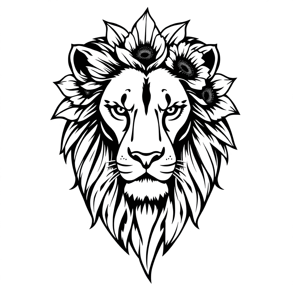 Lion Head With Sunflowers As The Mane