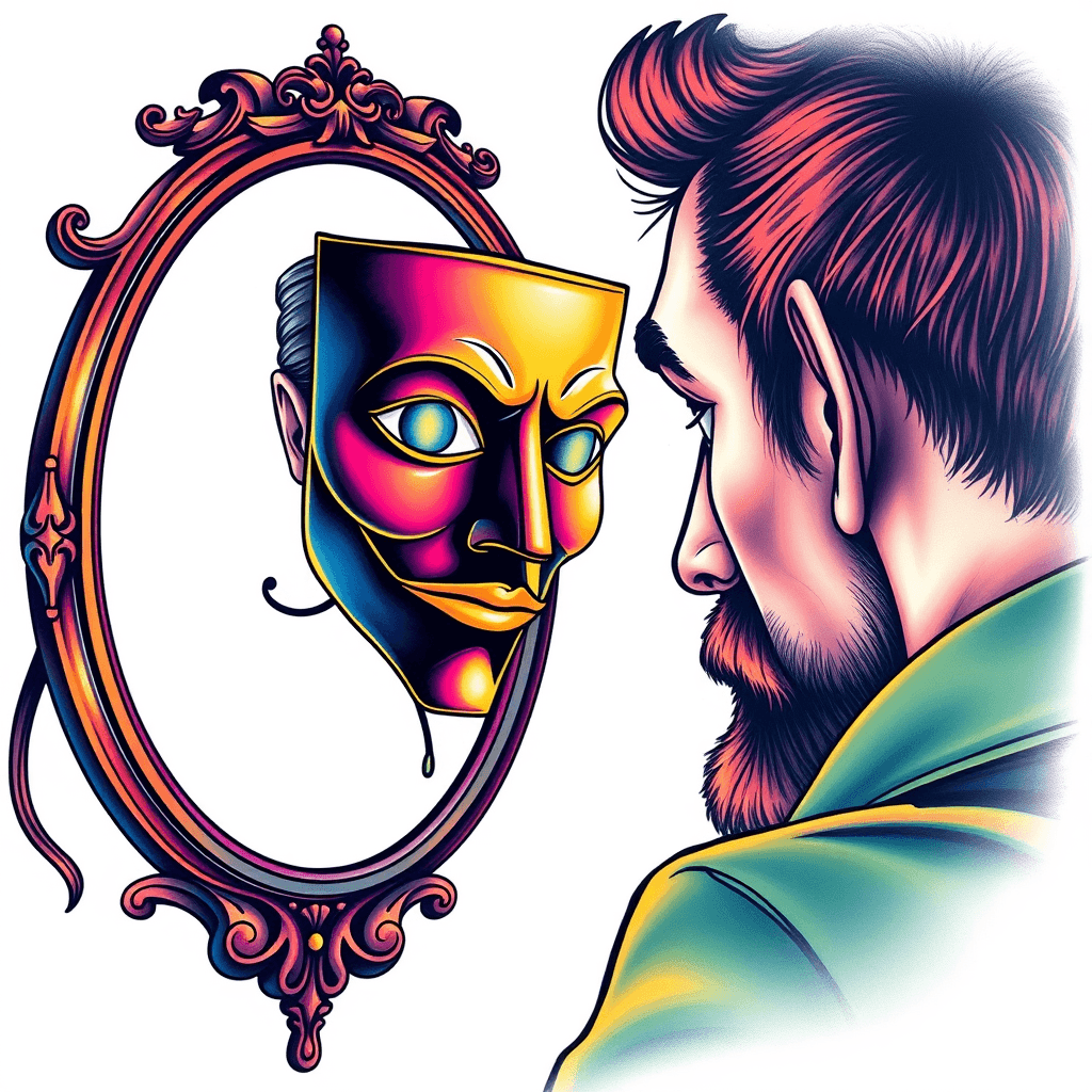 Man Looking In A Mirror And The Reflection Is A Theater Mask