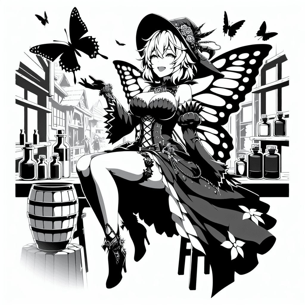 A Hyper-realistic Oil Painting Of A Mature Enchantress With Butterfly Wings Playing On A Swing Inside A Fairytale-like Potion Shop,