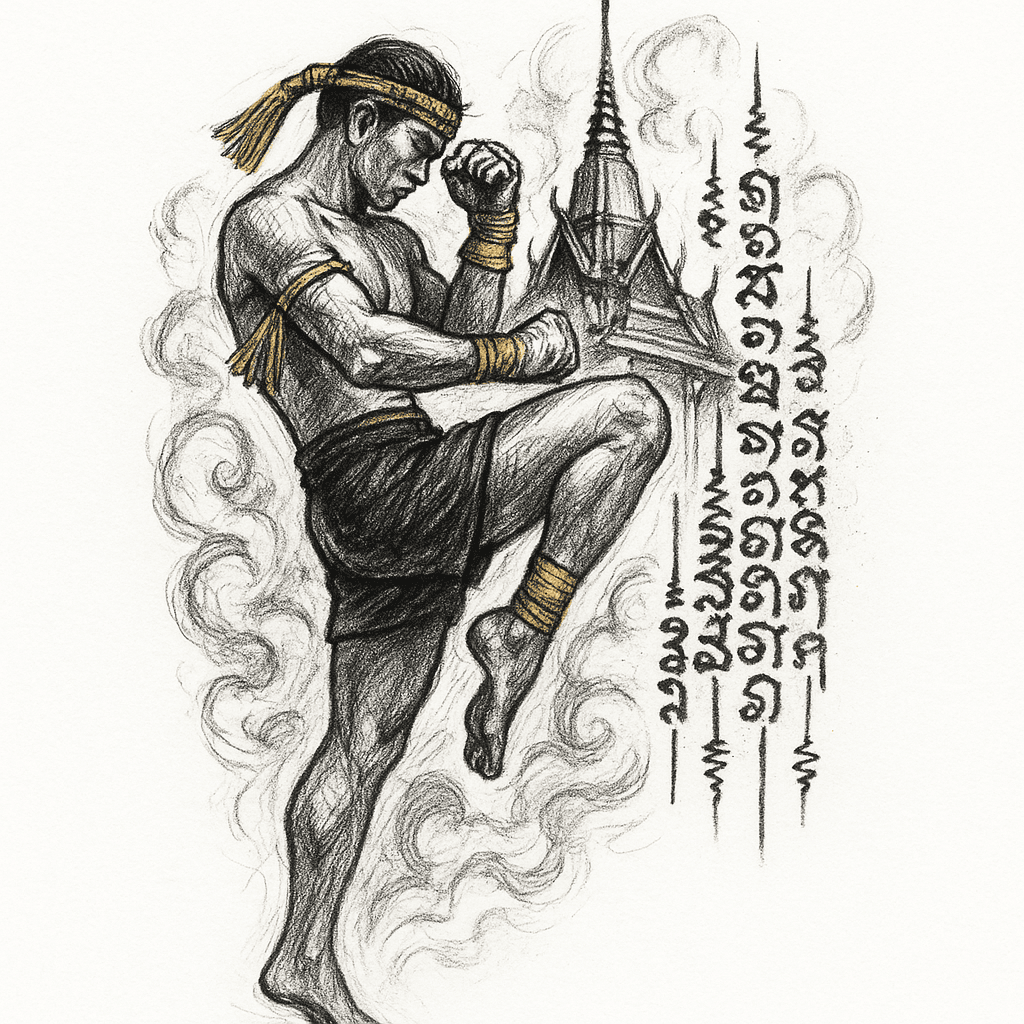 Traditional Muay Thai Fighter Knee In Front Of A Thai Temple, Surrounded By Smoky Clouds And Sak Yant Script. Black And Grey Realism With Subtle Gold Highlights. Dynamic Energy, Detailed Shading,