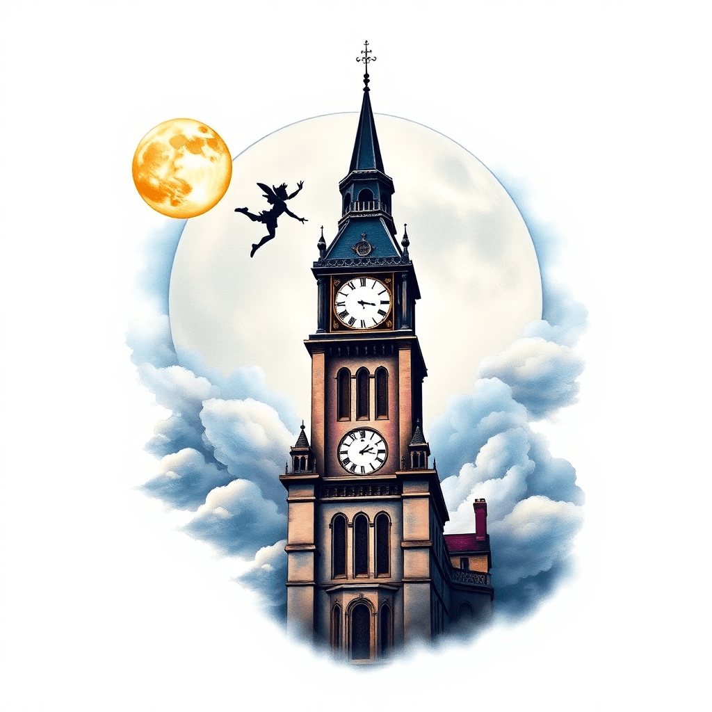 Clock Tower In Front Of Full Moon With Peter Pan Flying Surrounded By Clouds And Fog