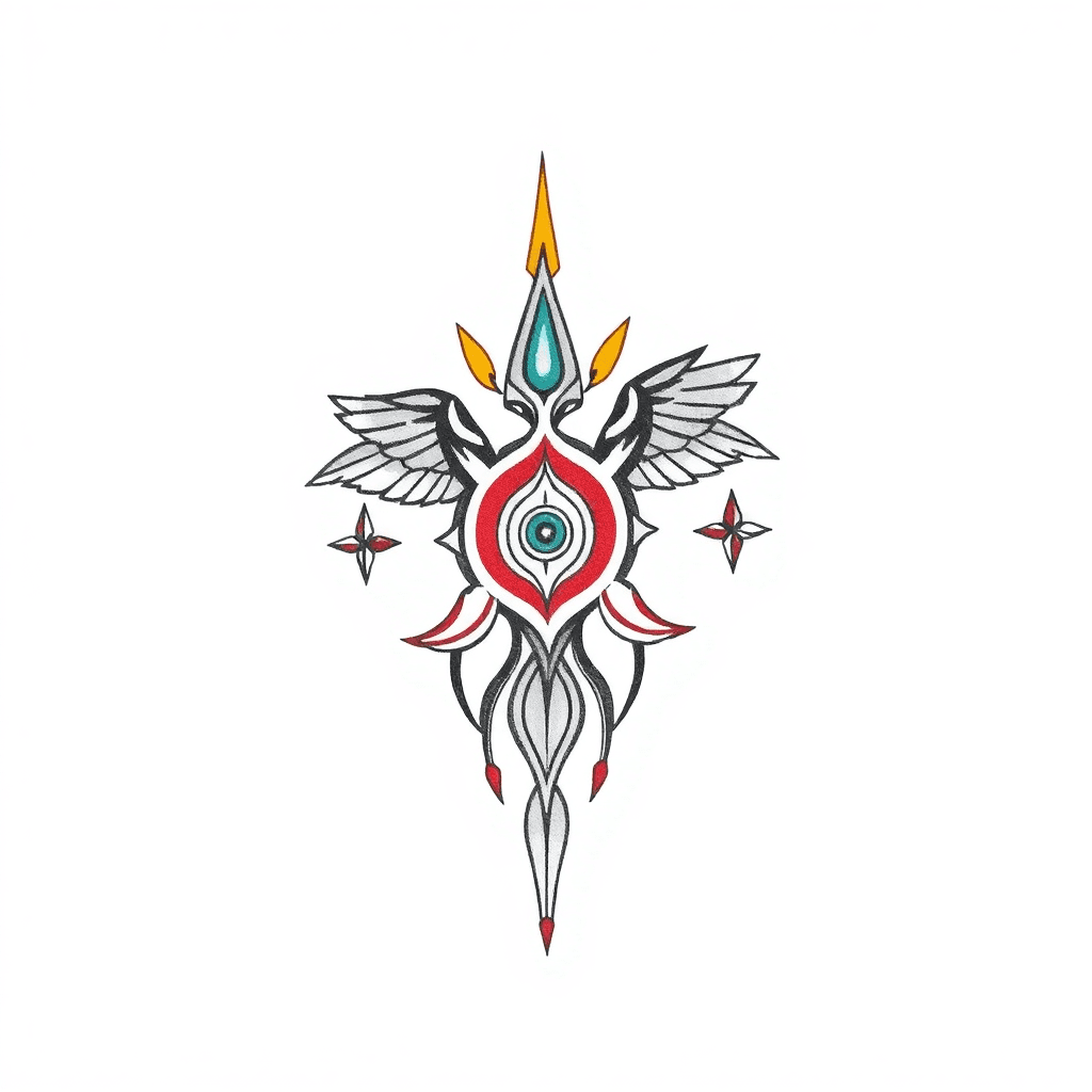 Um Brasão Abstrato Para Tatuagem Na Parte De Trás Da Coxa, Representando Ogum, Ossaim, Exu E Xangô. Inclua Símbolos Estilizados Design Minimalista E Tribal, Com Linhas Pretas E Detalhes Sutis, Harmon