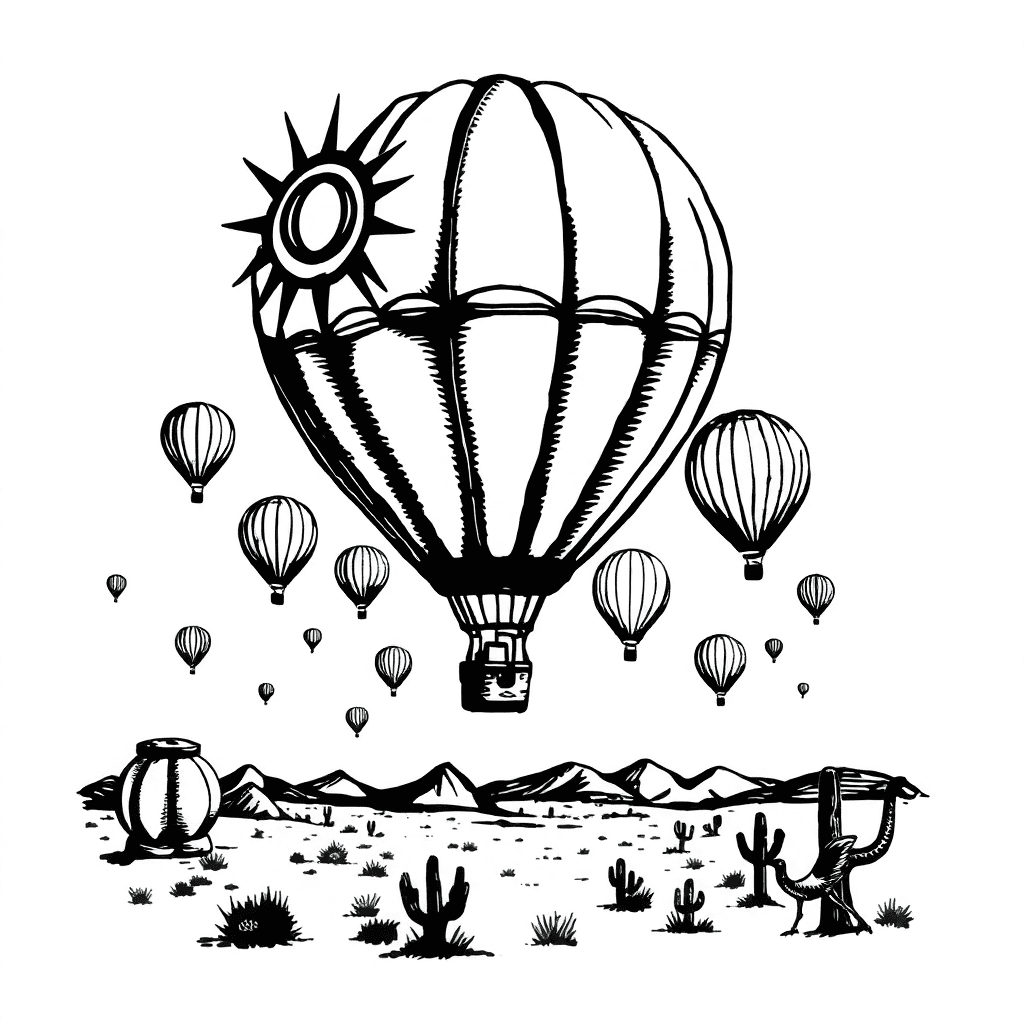 Design A Black And White Dark Work Style Tattoo Of A Hot Air Balloon Festival With A Collection Of Hot Air Balloons Across A Desert Sky. Include The Zia Sun Symbol And A Road Runner Bird Symbol.