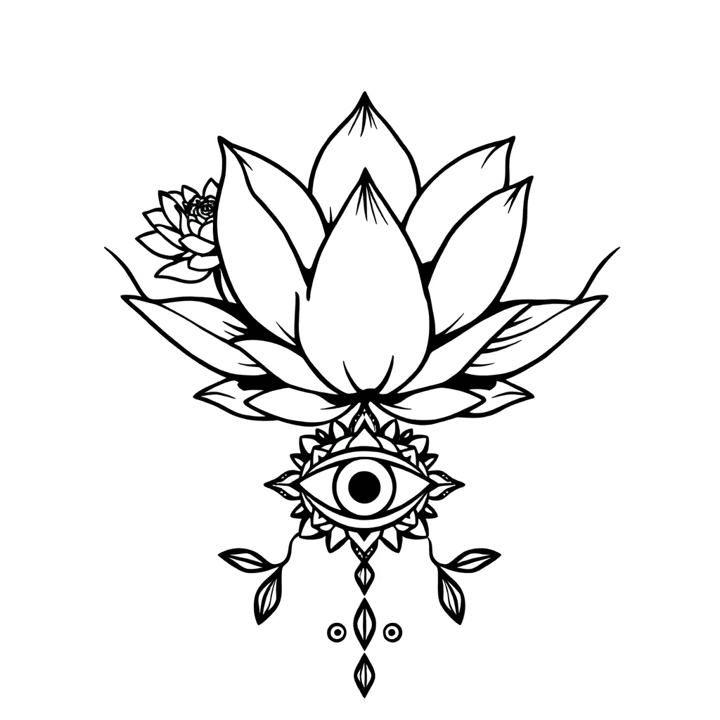 A Lotus Flower, Peony Flower, 3rd/ Evil Eye Below The Flower, A Mandala.