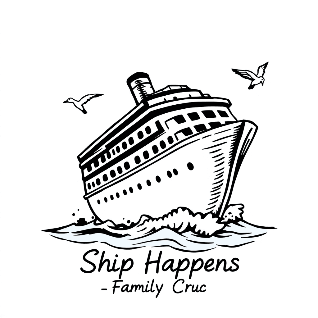 A Playful Cartoon-style Cruise Design Featuring A Wacky, Oversized Cruise Ship Tilting In The Ocean With Exaggerated Waves And A Surprised Seagull. Fun, Bubbly Typography For "ship Happens – Family Cr