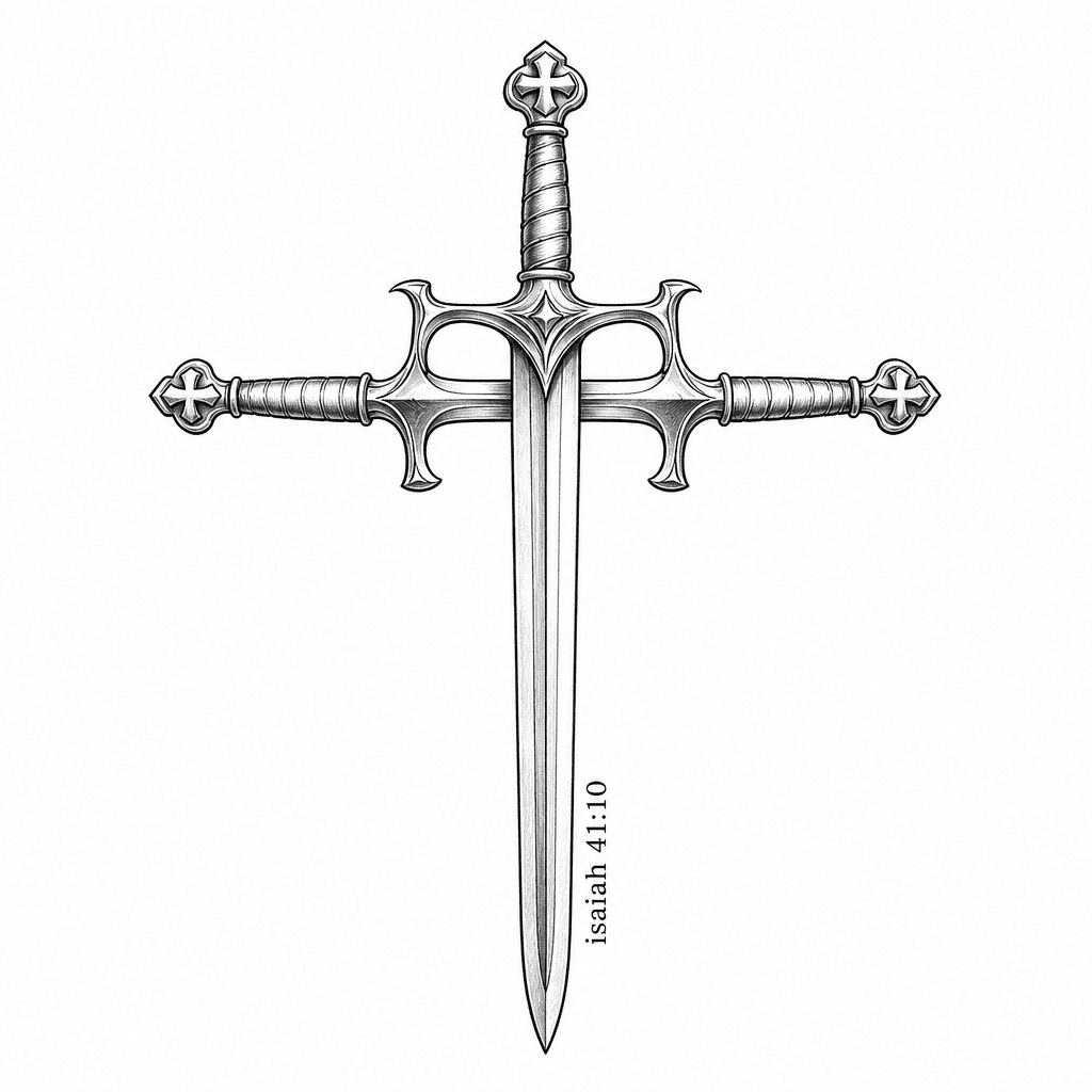 Make A Tatoo Of Two Swords In The Shape Of A Cross. In The Bottom Right Side Of The Vertical Sword Write "isaiah 41:10". Make It Parallel To The Blade