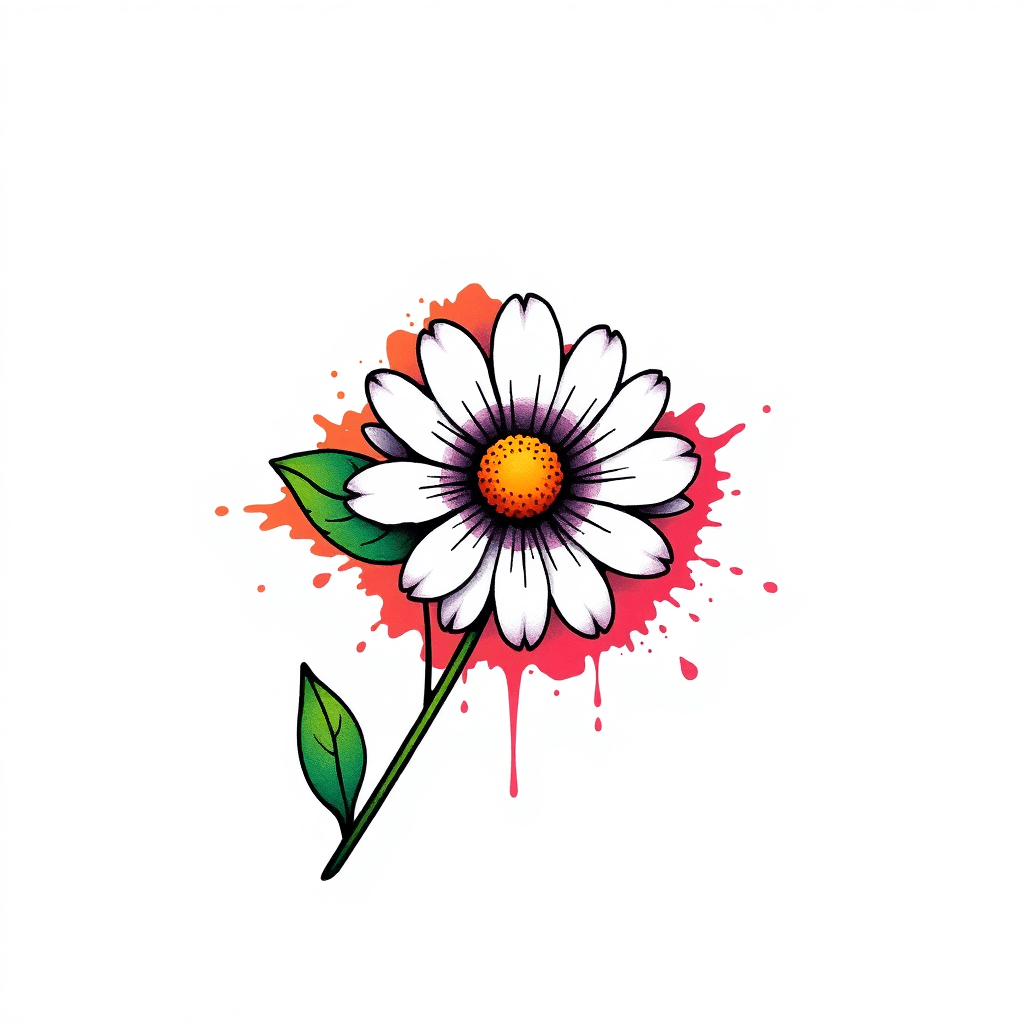 Daisy With Two Leaves And An Ink Splat Shadow