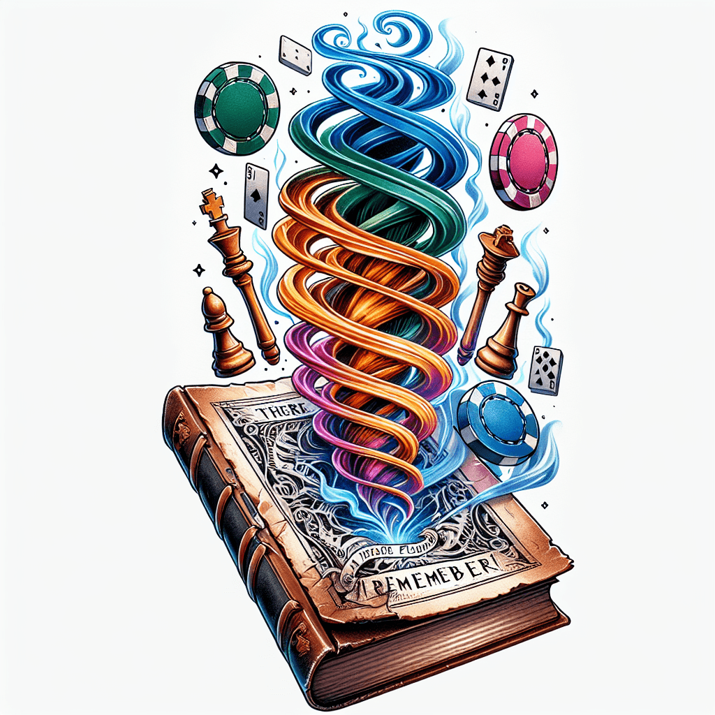 Forearm Tattoo Of Poker Chips And Chess Pieces Mystically Spiraling Up And Out Of A Tattered Old Book Titled Hiraeth With Smoke And The Words “there Are Places I’ll Remember “