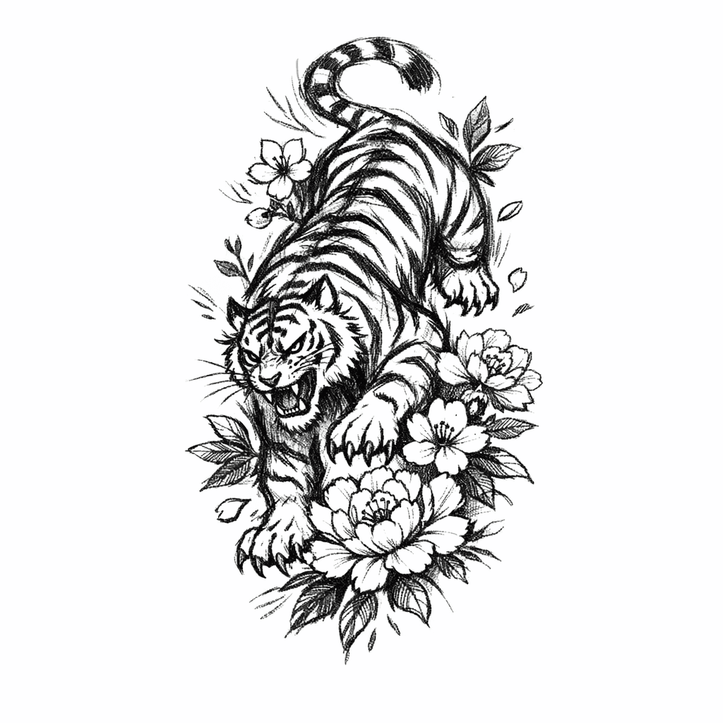 Un Tigre Dans Le Style Chinois Avec Des Fleurs