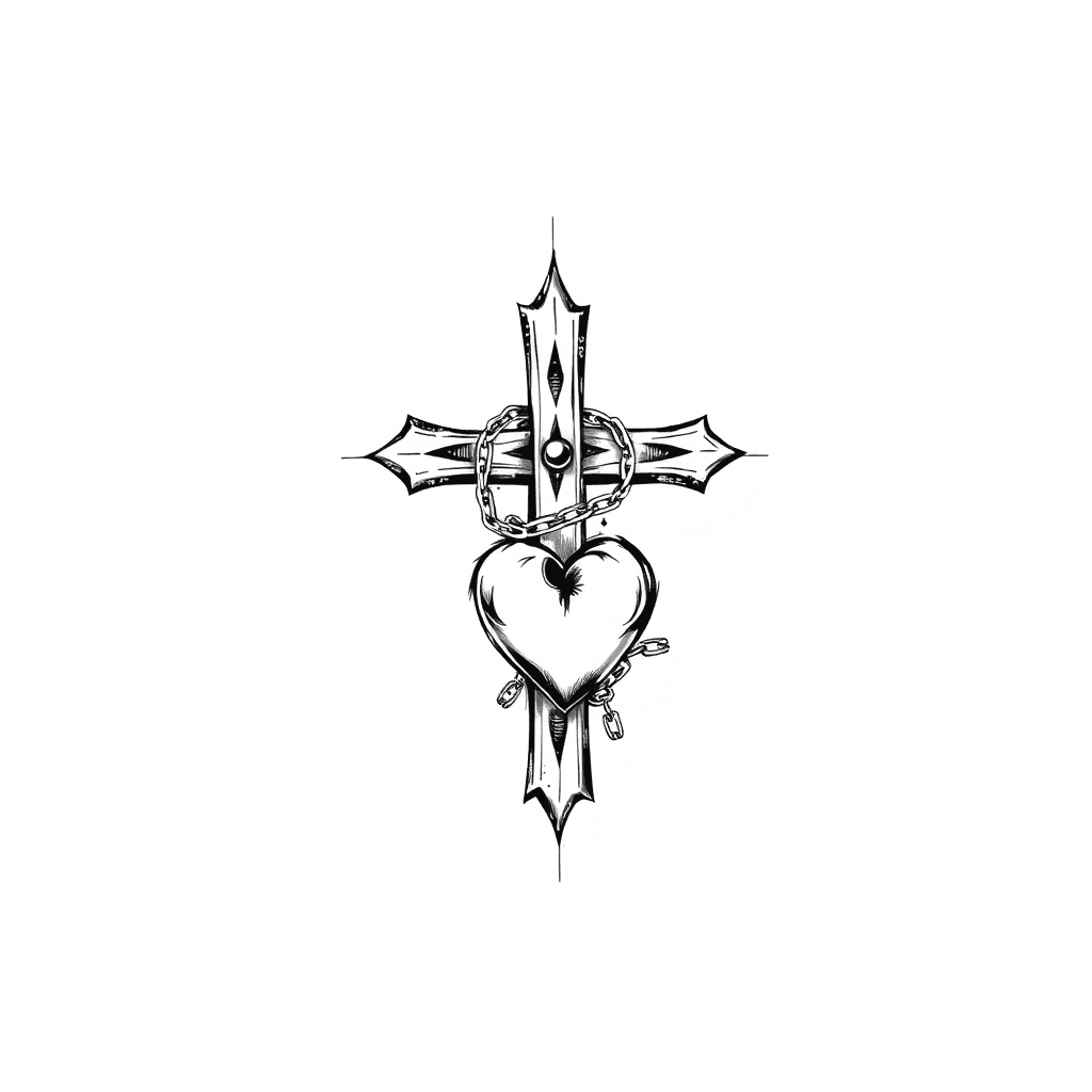 A Cover Up Of A Cross And A Chain With Heart In Gothic Style