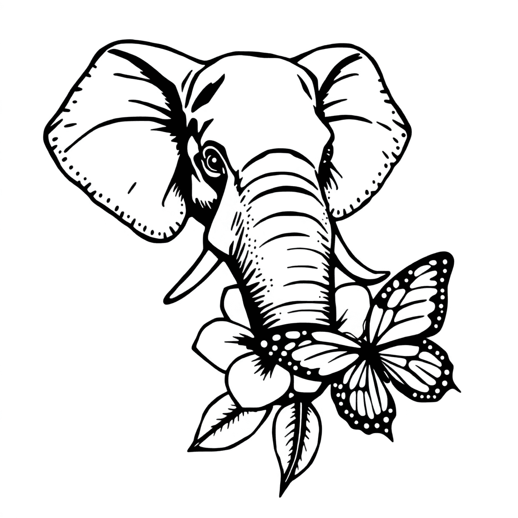 An Elephant Head On Top Of Azalea Flower With A Butterfly On The End Of It's Trunk