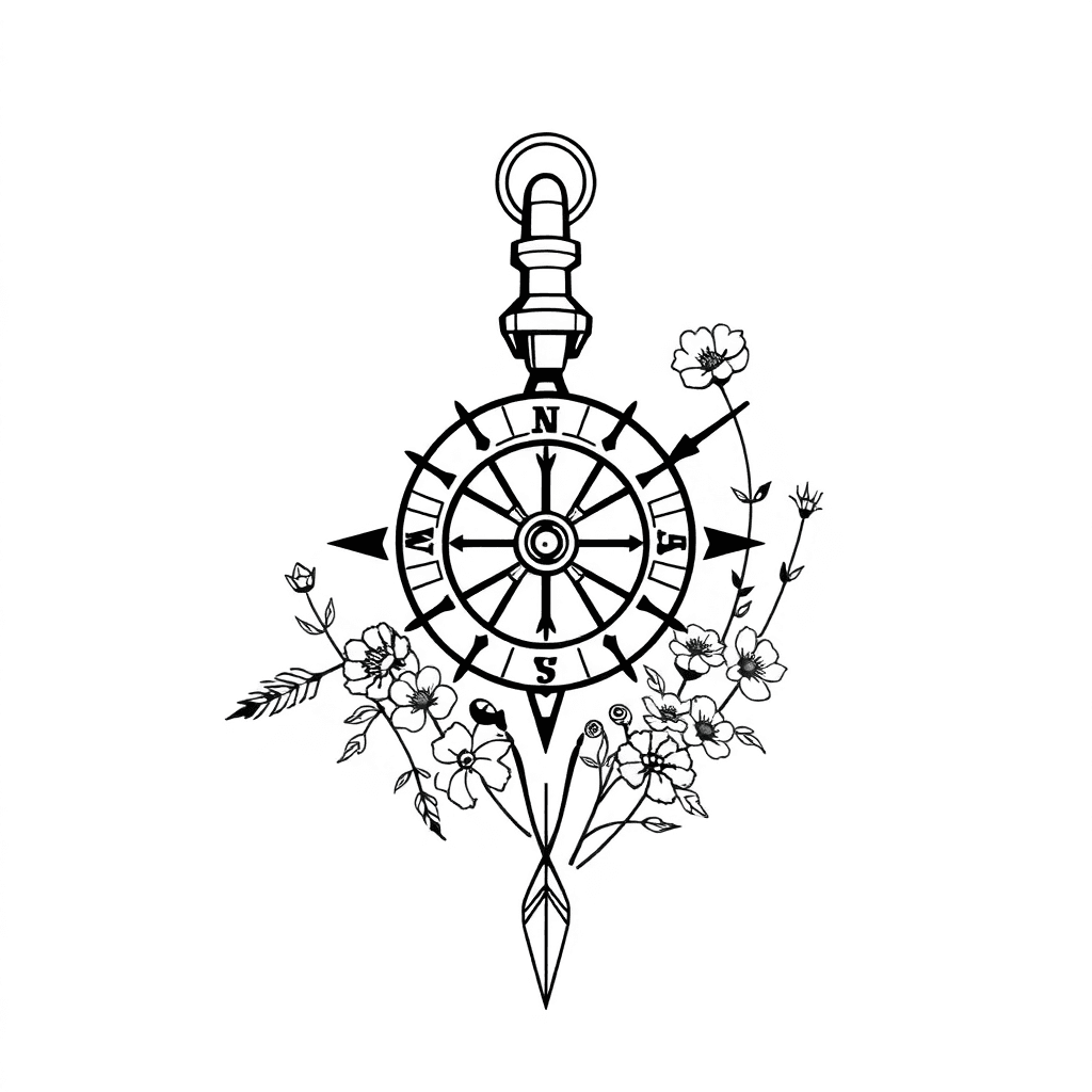 A Compass With A Clock And An Arrow And Wildflowers For The Arm