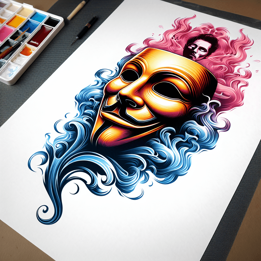 Realistic Theater Mask With Peter Pan Silhouette On It And Smoke Swirling Around