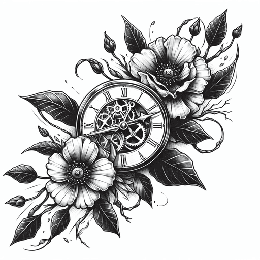 A Clock With Its Gears Exposed, Intertwined With Blooming Flowers And Wilting Leaves To Represent The Passage Of Time And The Cycle Of Life And Death.
