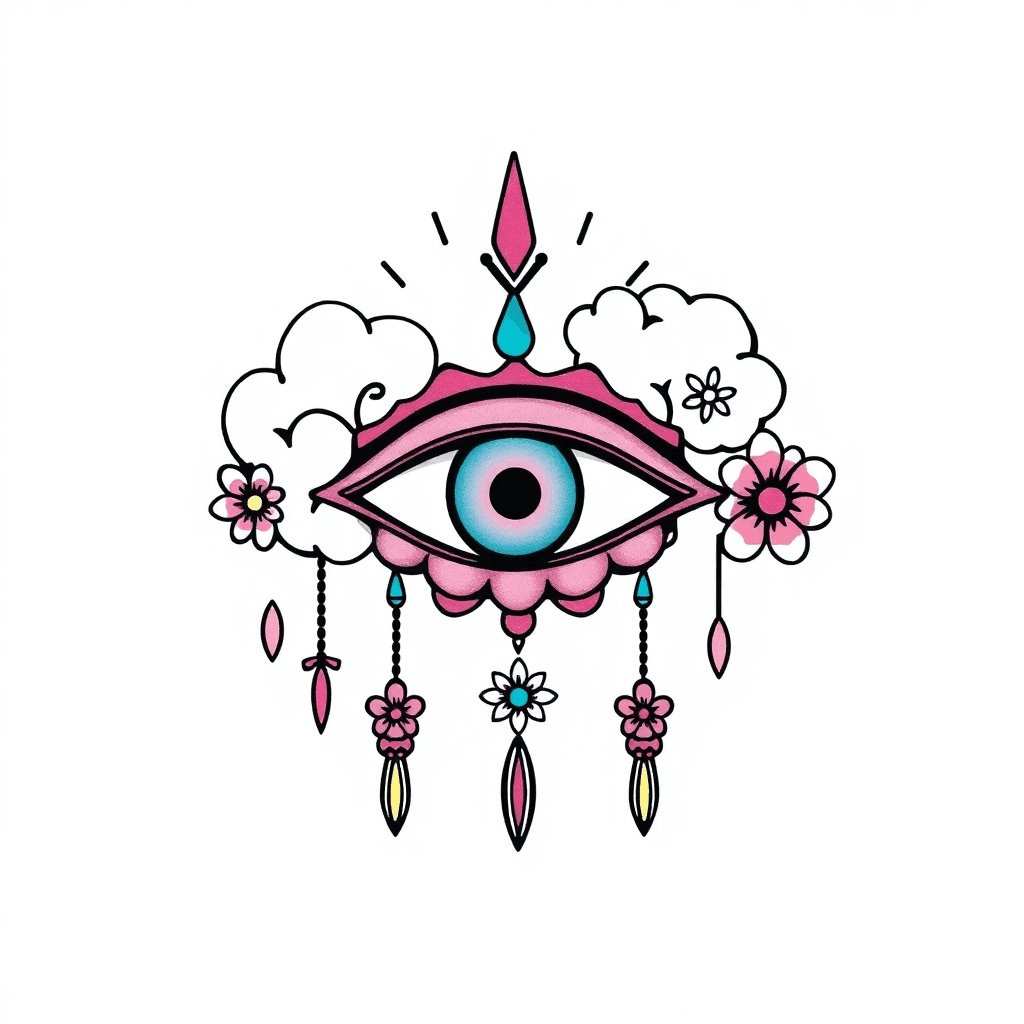 A Kawaii Style Trippy Third Eye Incorporating Big Clouds, Dangling Charms, Flowers, Mauve And Teal. Sticker Style. Transfer Paper Background.