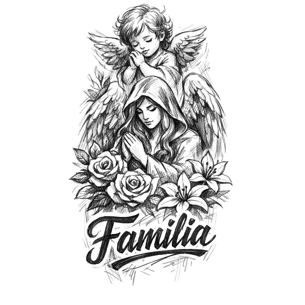 A Sleeve With Angel And Guardian With Flowers And A Text With Familia