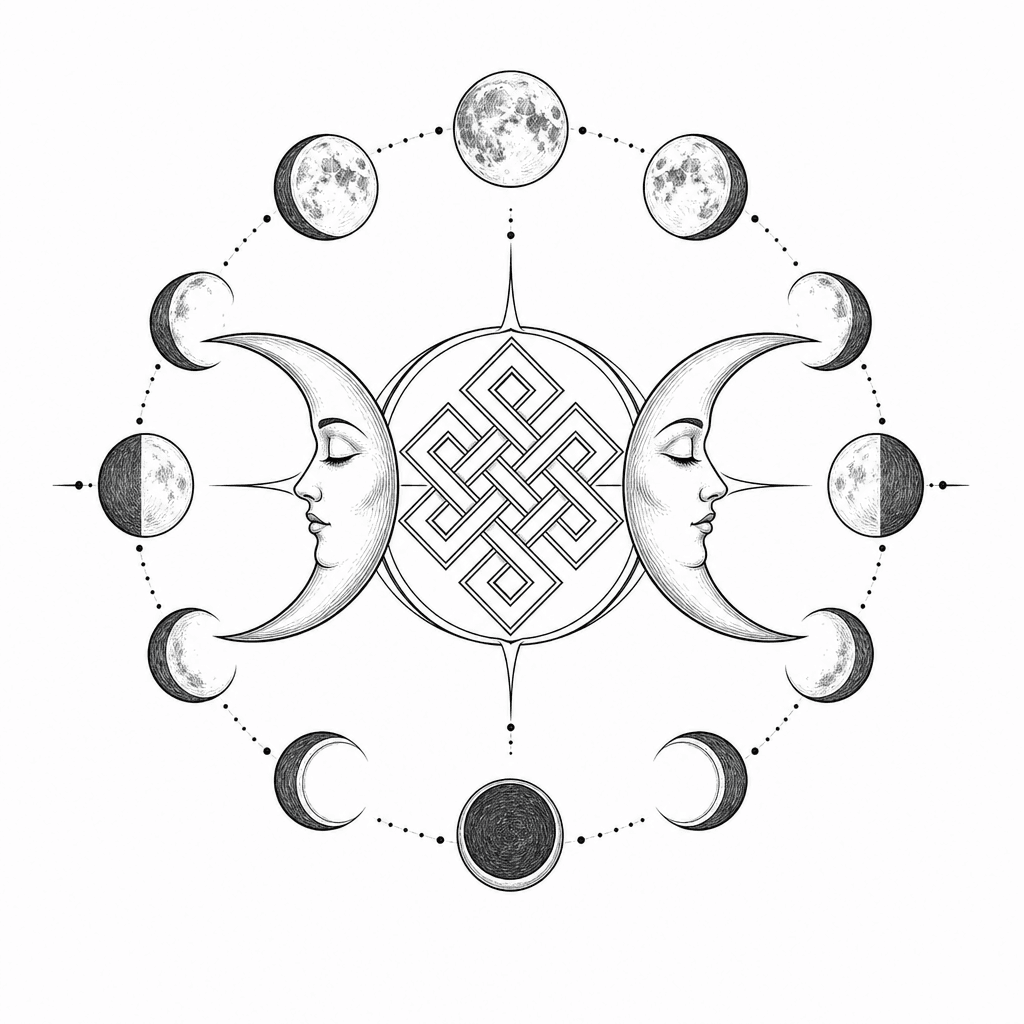 Spiritual Tattoo Combining The Triple Goddess Symbol Waxing Full Waning Moon In A Circular Flow With The Armenian Eternity Sign Arevakhach Integrated At The Center, Fineline Design Symmetrical Elegan