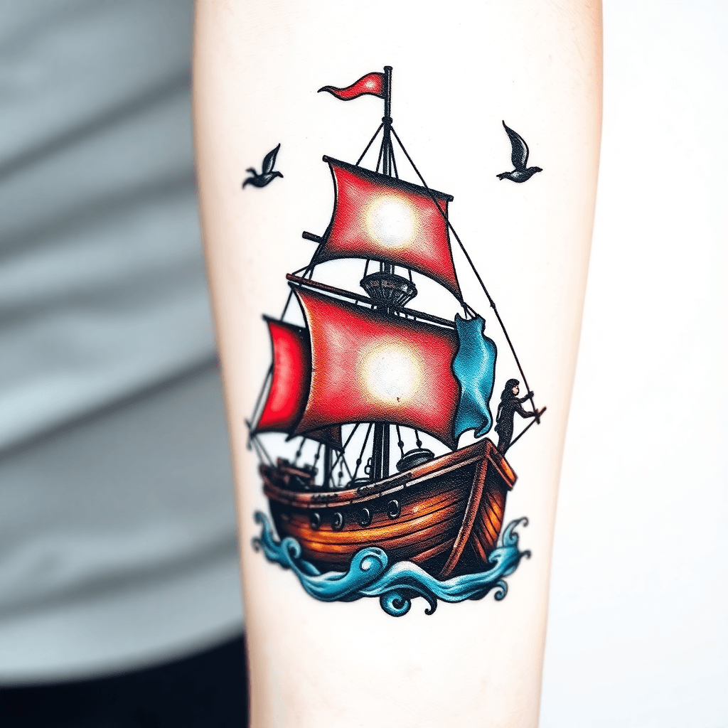 Forearm Tattoo Of Capt Hooks Pirate Ship And Peter Pan