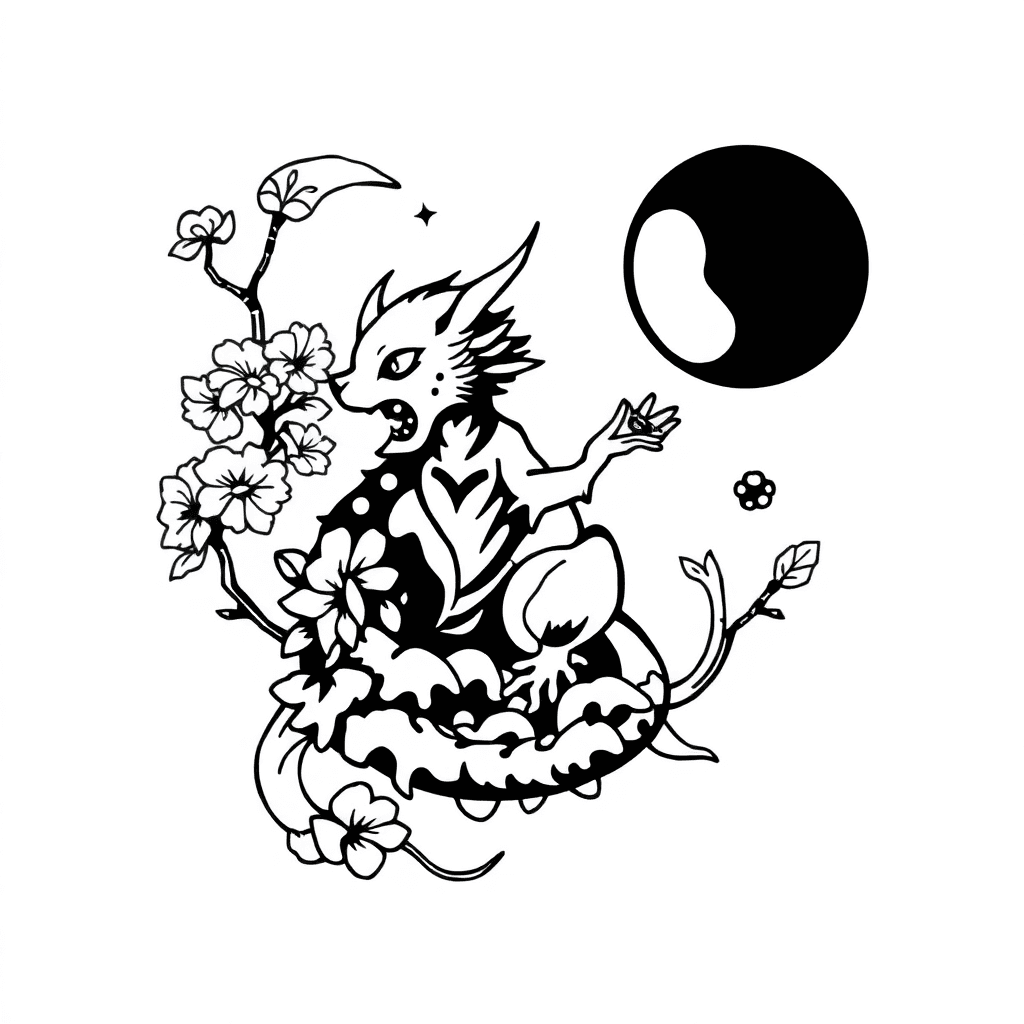 Traditional "An anime-inspired tattoo featuring a magical creature interacting with nature elements" Tattoo Design
