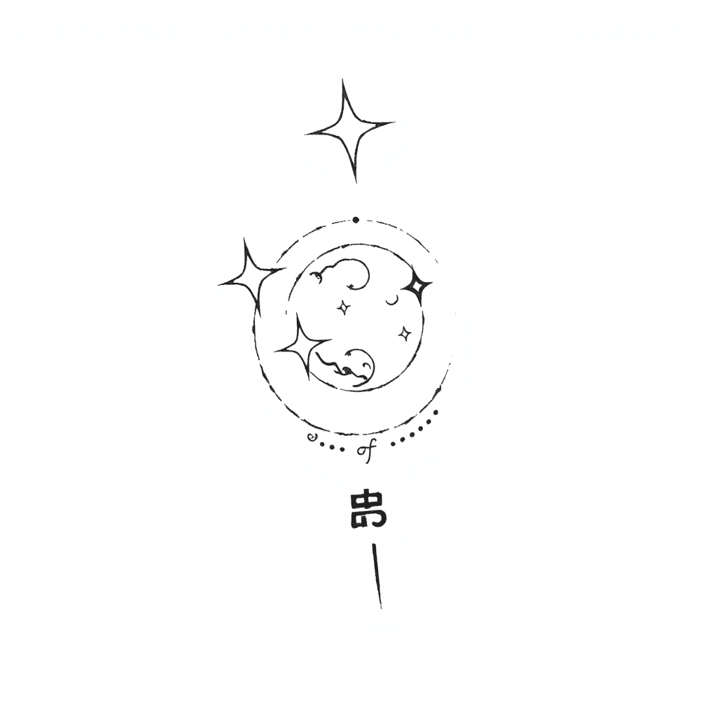Zwei Sterne Am Firmament, Mit Mond Im Hintergrund Umgeben Von Magischen Zeichen. Unterarm Tattoo