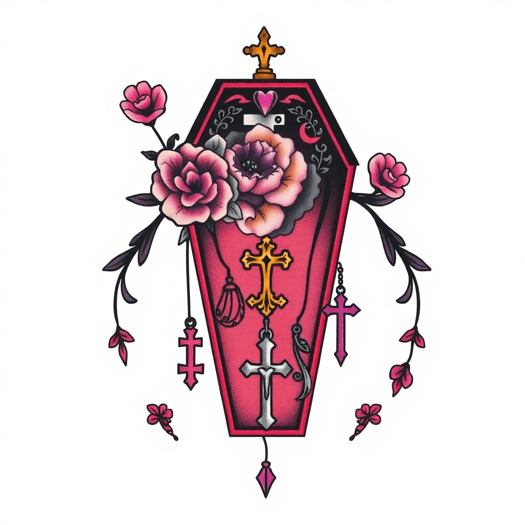 Logo Design Of A Stencil For A Hand Tattoo Of A Glamorous Horror Glam Illustrated Vampire Coffin Thats Pastel Goth Glam Horror With Dangling Vampire Pendants Such As A, Crucifix, Sticker Style