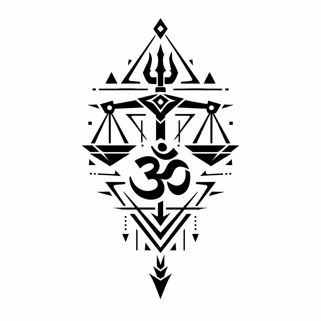 Show A Tattoo With A Libra Balancer, Trident, Om (the Sanskrit Word) With Some Geometric Features In It