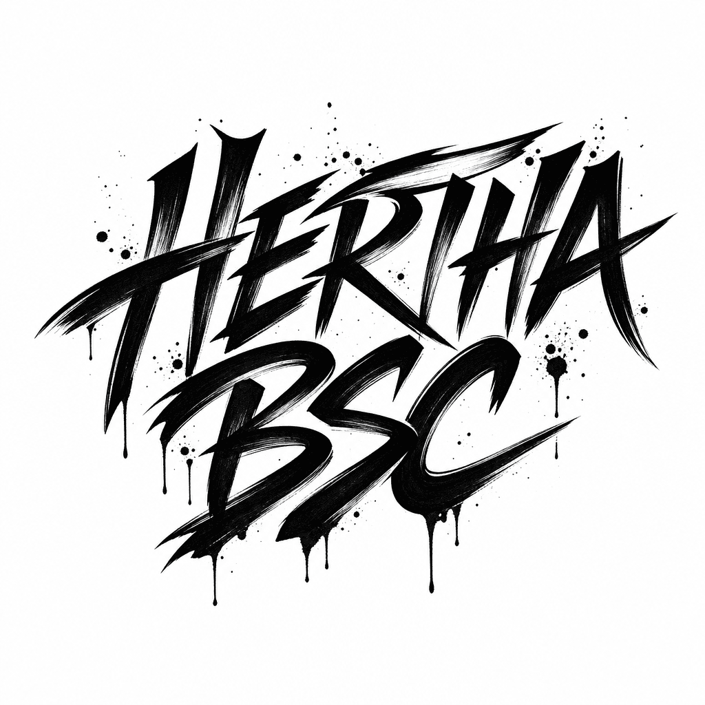 Calligraffiti Lettering Artwork Spelling "hertha Bsc", Brush Calligraphy Style Mixed With Graffiti Sharp Strokes, Black Ink On White Background, Dynamic Splatter And Drip Marks, Bold Expressive Stroke