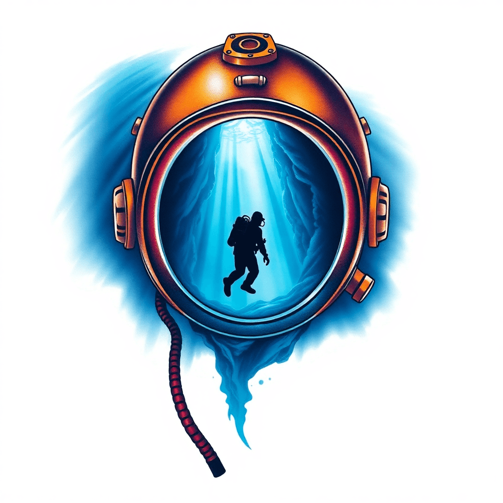 Antique Diving Helmet At The Top, Transitioning Into A Vibrant Underwater Cavern Filled With Shafts Of Light. A Lone, Silhouetted Diver Is Central To The Deep Blue Water