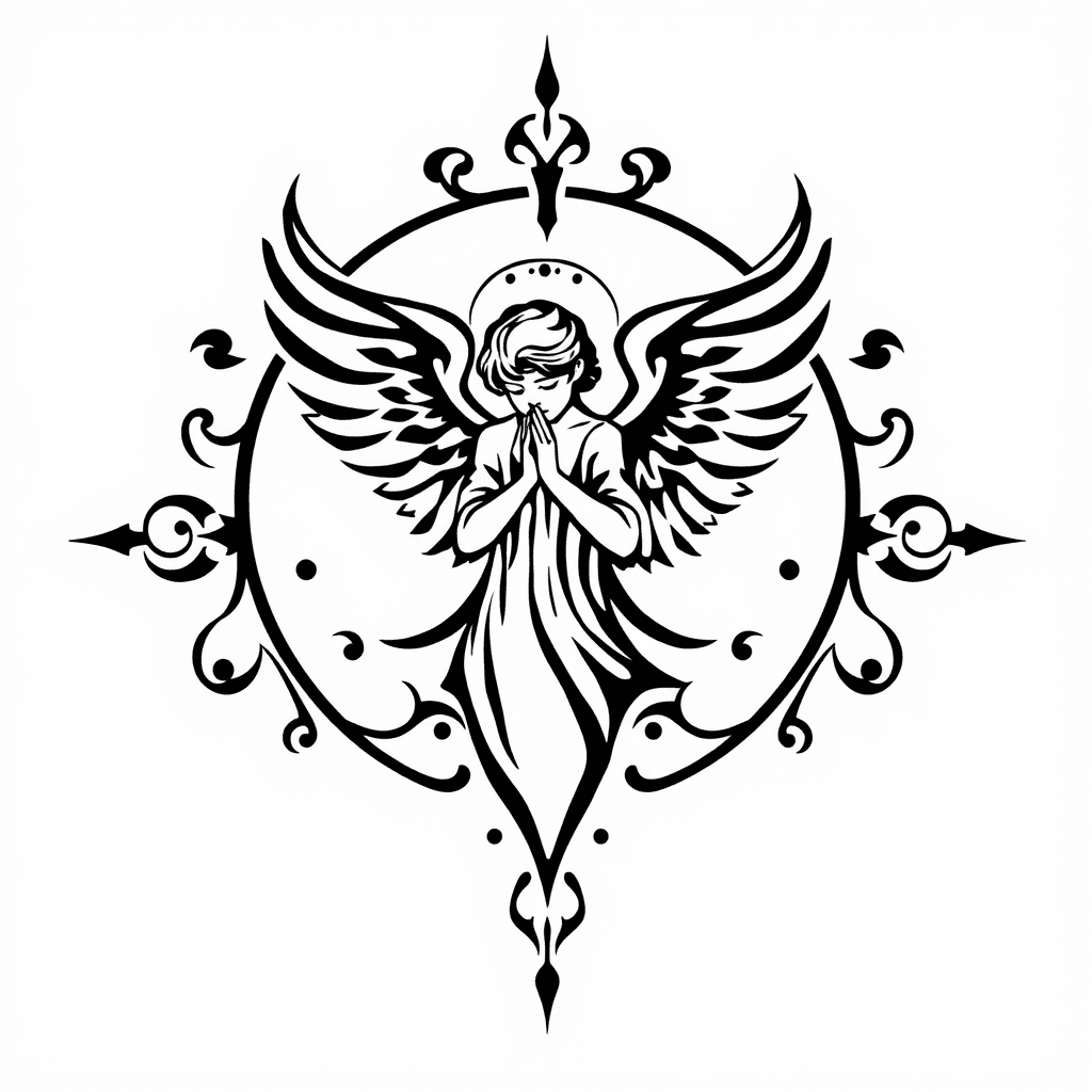 Angel Praying With Filigree Around It Like A Frame