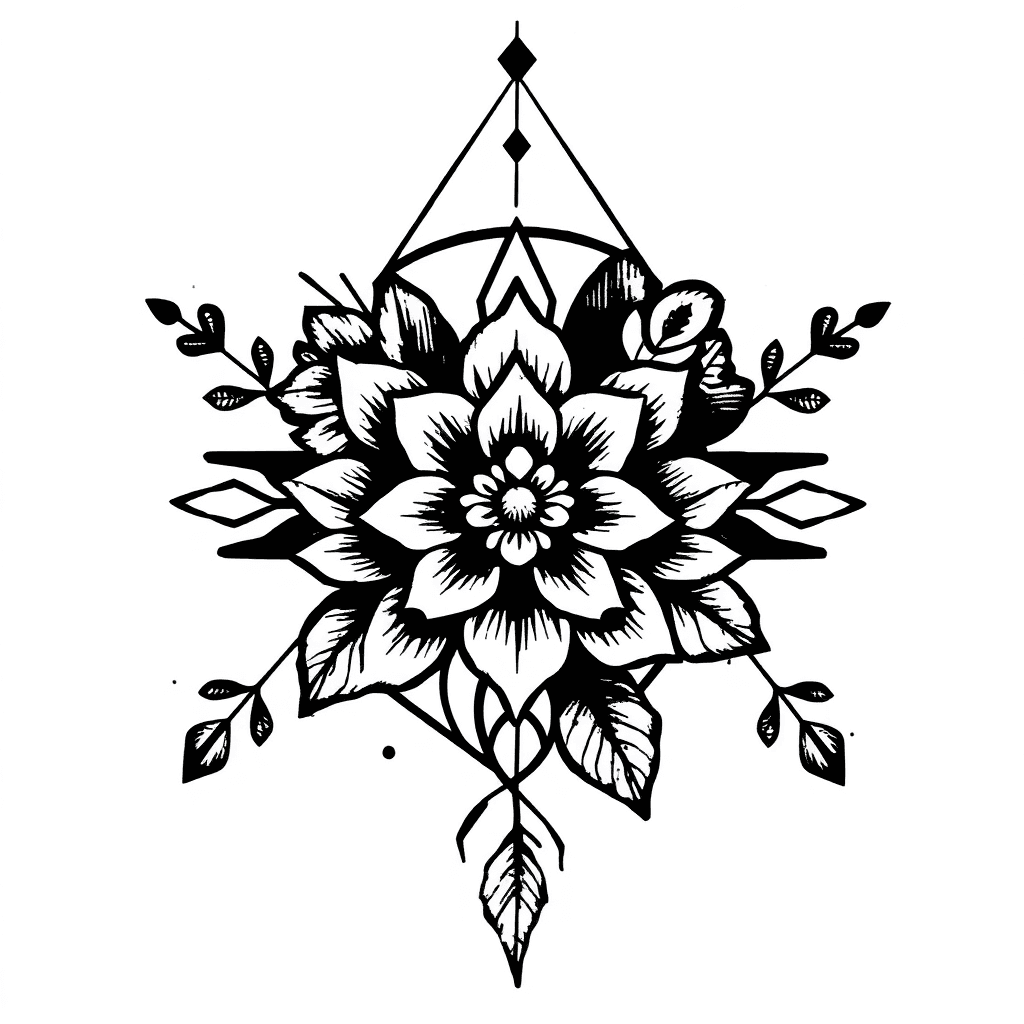 Tattoo Floral Geometric Shapes Black And White Minimalist Style
