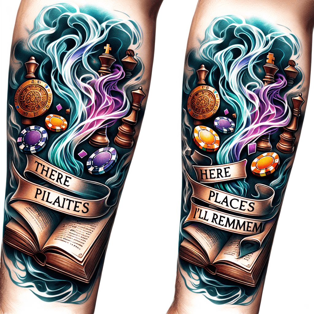 Fantasy Style Forearm Tattoo Of An Opened Antique Book Titled “hiraeth” With Poker Chips And Chess Pieces Rising Up And Floating Out With Smoke Intertwining And The Words “there Are Places I’ll Remem