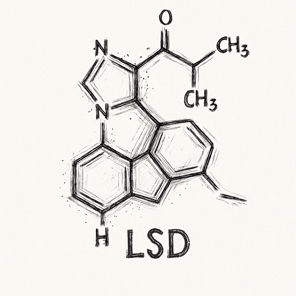 Lsd Molecule Drawn As Chemical Structure With Fine Line Art, Small Dotwork Accents Around The Bonds, Compact Symmetrical Design