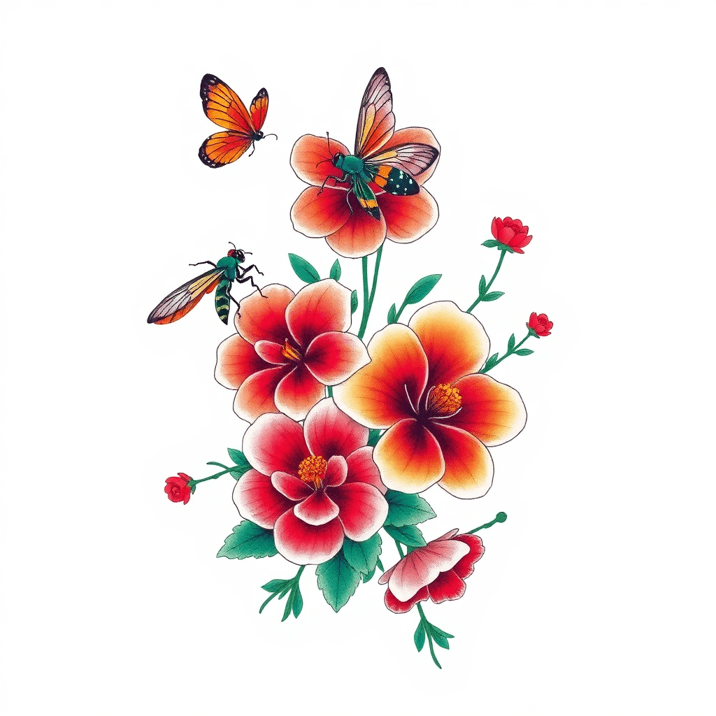 Bright Flowers With Insects Atop Them