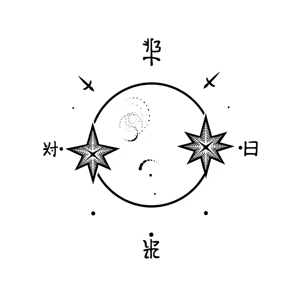 Zwei Sterne Am Firmament, Mit Mond Im Hintergrund Umgeben Von Magischen Zeichen. Unterarm Tattoo Tattoo Design