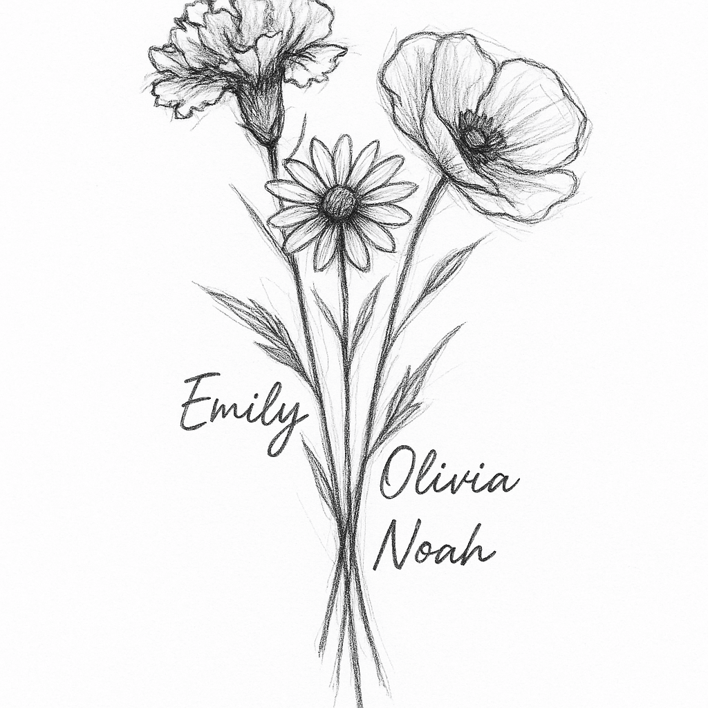 A Flower Bouquet With Carnations, Daisy's And Poppy's With My Kids Names In The Stems